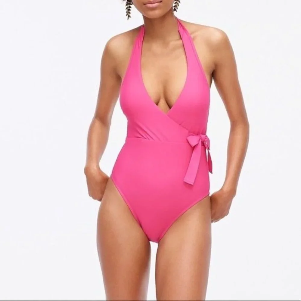 J. Crew Halter Wrap One-piece Swimsuit, Fuchsia Bloom NWT